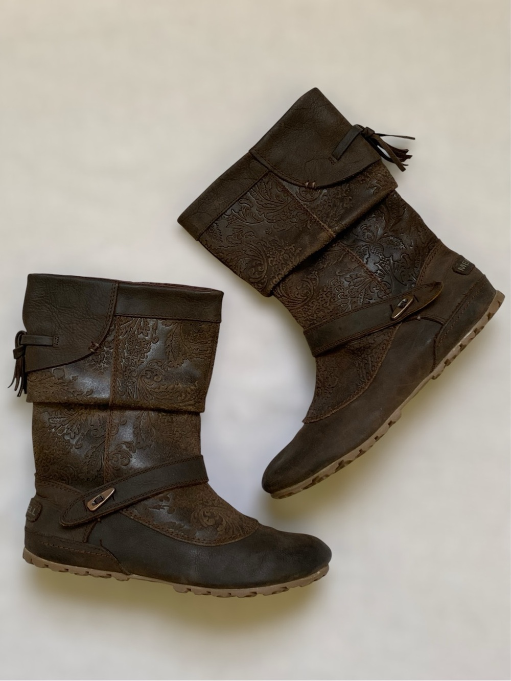 Merrell Haven Embossed Tooled Leather Brown Pull On Boot